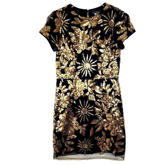 Milly Kyla Holiday Nights Sequin Mini Dress Black Gold Floral NEW 8 Cocktail - Picture 2 of 9